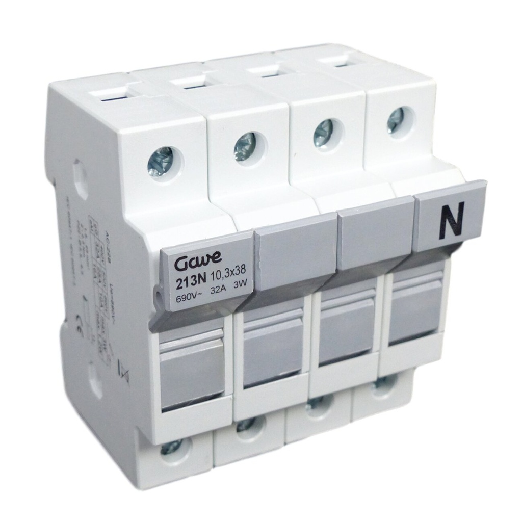 [213N] PORTAFUSIBLE GAVE 10X38 3P+N 32A.CARRIL DIN