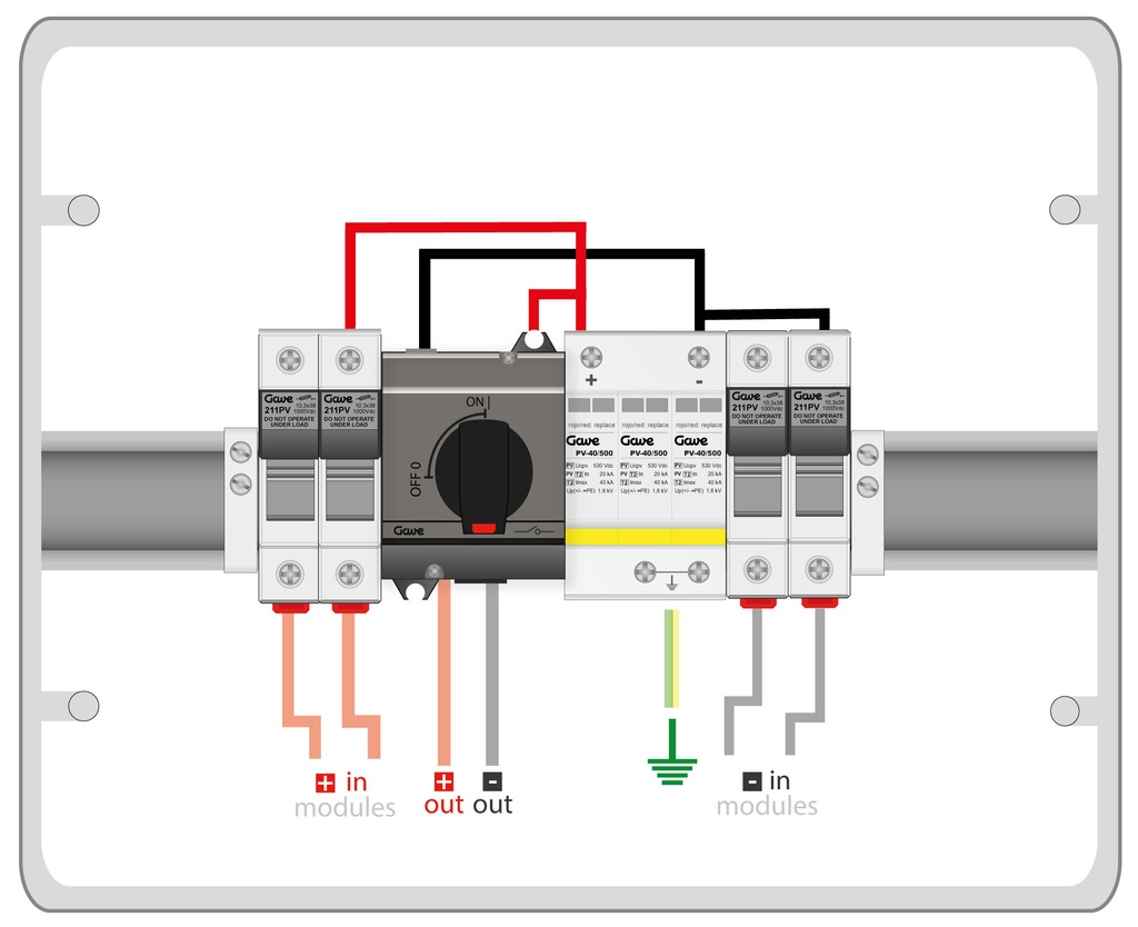 [STM21040P12] CAJA MODULAR GAVE CONEXION PV 2 STR. FUS. 12A + PROT.SOBRETENSION II