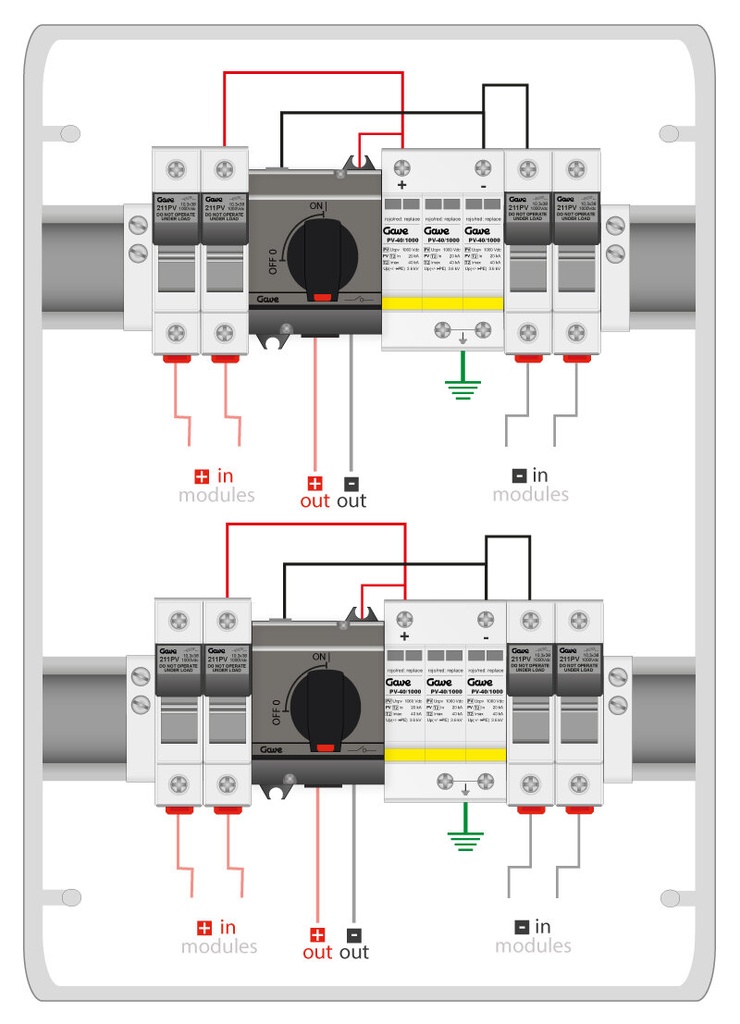 [STM21040P15/2] CAJA MODULAR GAVE CONEXIÓN PV 2MPPT - 2STR.FUS 15A + PROTECTOR SOBRETENSION II